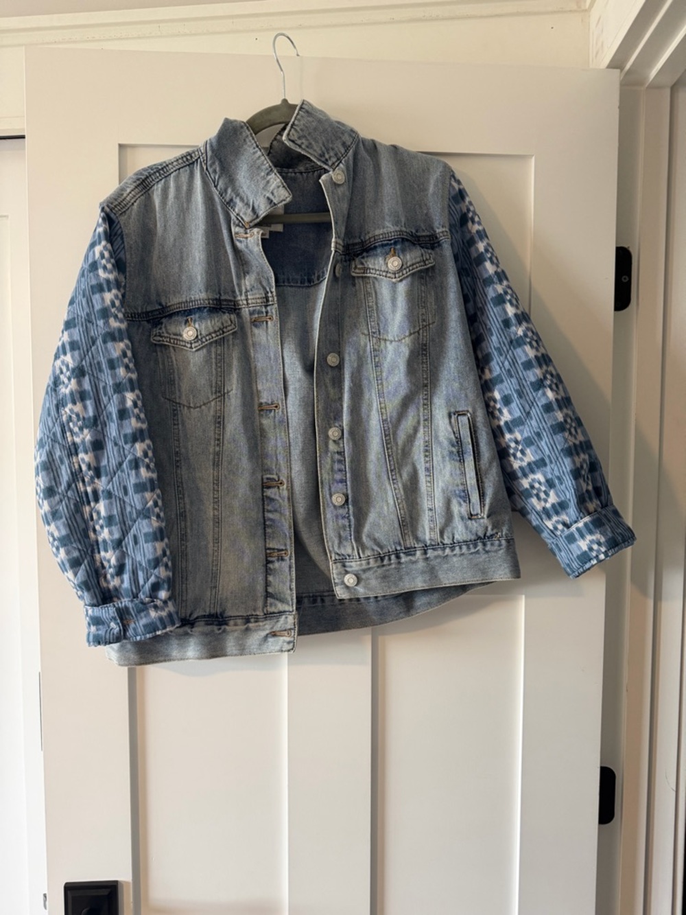Kenzie Light Blue Distressed Denim Jacket with Patterned Blue Sleeves